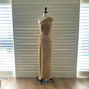 Ieena for Mac Duggal Sequined Ruched One-Shoulder Gown